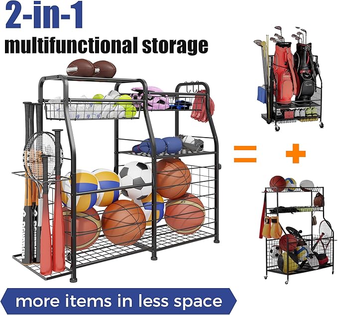 Garage Sports Equipment Organizer - Ball Storage Rack with Elastic Rope or Wire Mesh,Garage