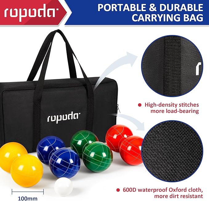 ropoda 100mm Bocce Ball Set Regulation Size and Weight with 8 Resin Bocce Balls, 50 mm Pallino