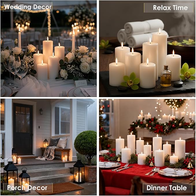 White Pillar Candles Set, 12 Packs, 2.8 in x 4, 6, 8 Inch Assorted Size Unscented Pillar Candles