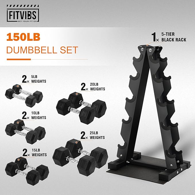 Rubber Coated Hex Dumbbell Weight Sets and Storage Rack, 100LB Set or 150LB Set, 5-20 lbs Pairs or