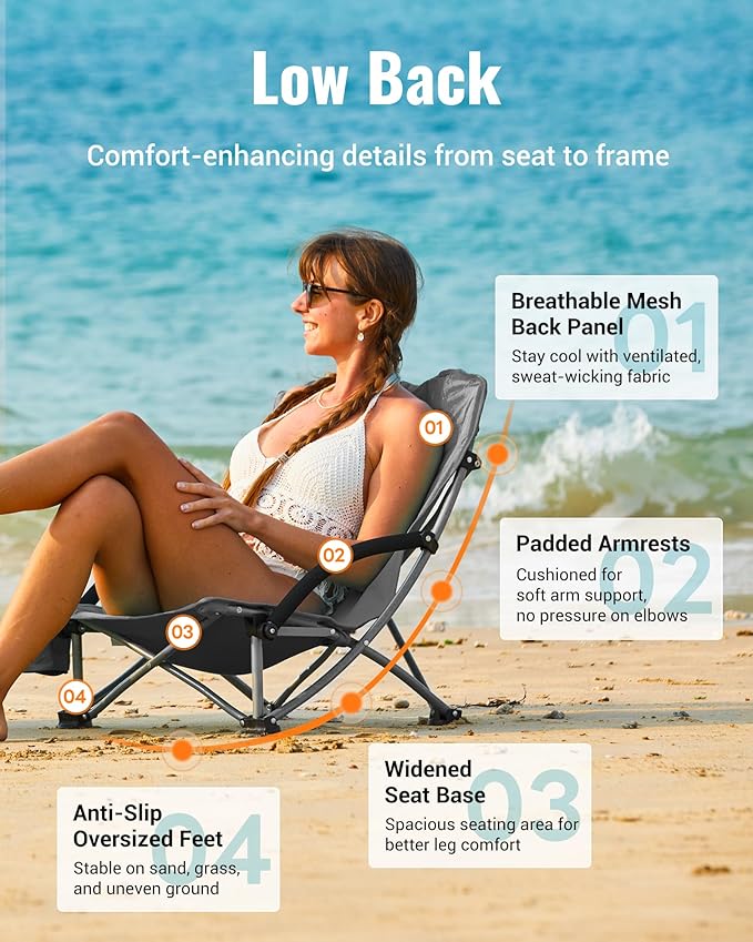 KingCamp Low Beach Chairs, Portable Folding Chair for Adults Extra Wide Ergonomic High Back Seat