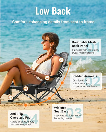 KingCamp Low Beach Chairs, Portable Folding Chair for Adults Extra Wide Ergonomic High Back Seat