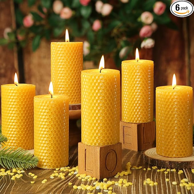 6 Pack Natural Beeswax Pillar Candles,Handmade Pure Beeswax Rolled Candles-120 Hours Long