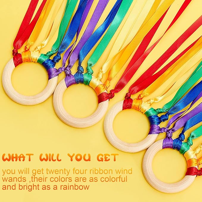 Junkin Ribbon Rings Hand Kite Waldorf Toys Dancing Wrist Ribbons Rainbow Streamers with Wood Ring