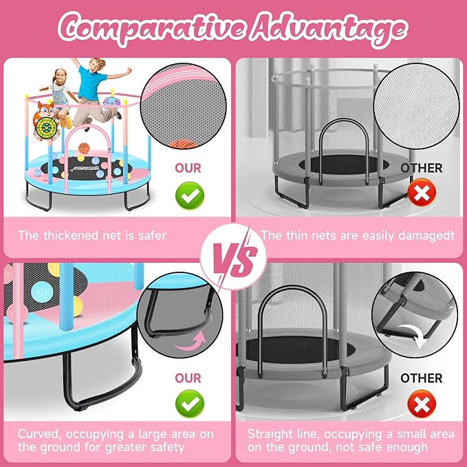 Pink Indoor Trampoline for Kids 2-5, 5ft Mini Indoor & Outdoor Small Toddler Trampoline with Net