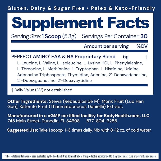 BodyHealth PerfectAmino Powder - BCAA and EAA Powder for Pre and Post Workout - Amino Acid Energy