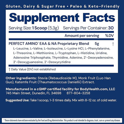 BodyHealth PerfectAmino Powder - BCAA and EAA Powder for Pre and Post Workout - Amino Acid Energy