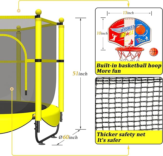 60" Trampoline for Kids, 5 FT Indoor & Outdoor Toddler Baby Trampoline with Basketball Hoop, Safety