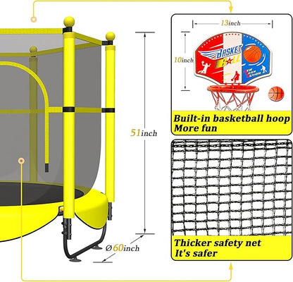 60" Trampoline for Kids, 5 FT Indoor & Outdoor Toddler Baby Trampoline with Basketball Hoop, Safety