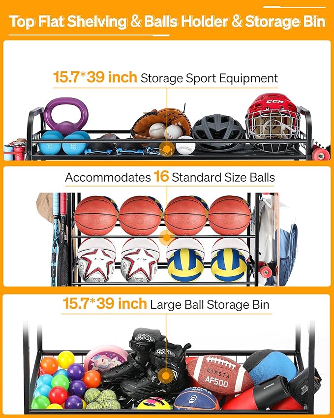 Garage Sports Equipment Organizer - Rolling Ball Storage Bin with Wheels, Garage Sports Gear Rack