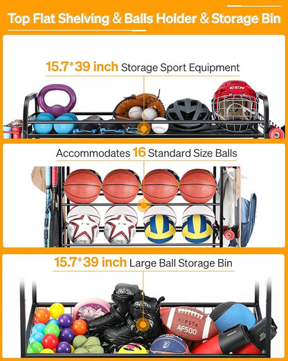 Garage Sports Equipment Organizer - Rolling Ball Storage Bin with Wheels, Garage Sports Gear Rack