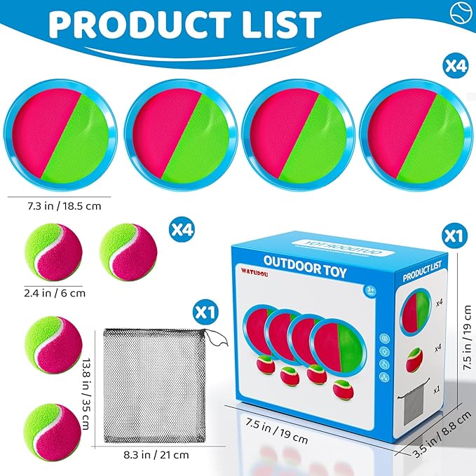 Toss and Catch Ball Game Set, Beach Outdoor Toys for Kids Boys with Paddle, Balls and Storage Bag