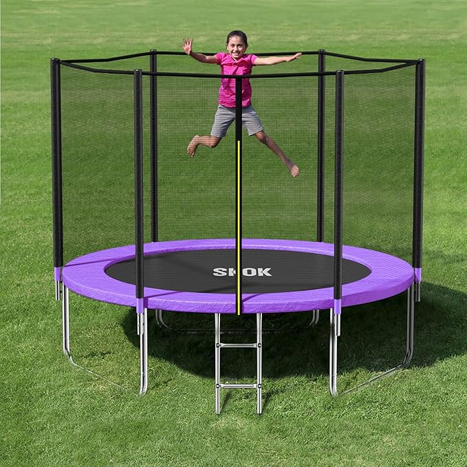 SKOK Trampoline 8FT 10FT 12FT 14FT 15FT Trampolines with Enclosure Net, 400LBS Outdoor Trampolines