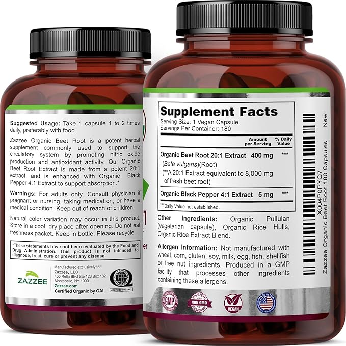 Zazzee USDA Organic Beet Root 8000 mg Strength 20:1 Extract, 180 Vegan Quick Release Capsules