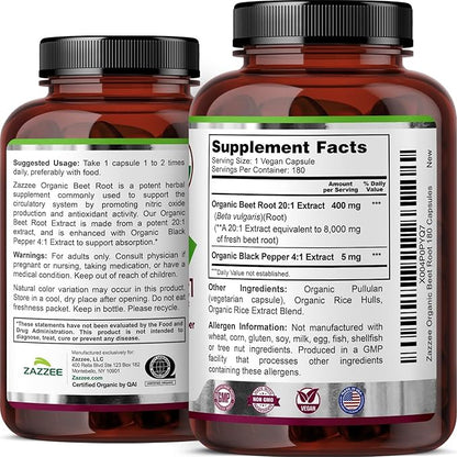 Zazzee USDA Organic Beet Root 8000 mg Strength 20:1 Extract, 180 Vegan Quick Release Capsules