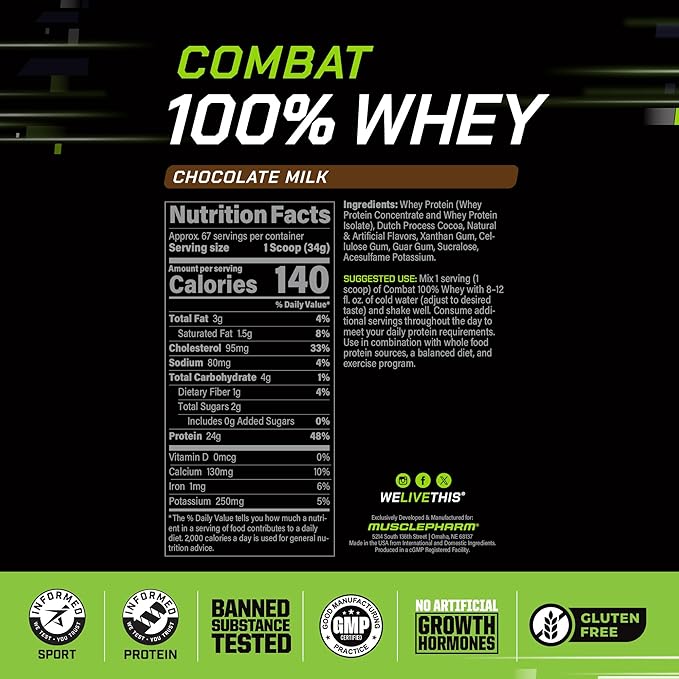 MusclePharm Combat 100% Whey Protein Powder, Chocolate Milk, Fast Recovery & Muscle Gain with Whey