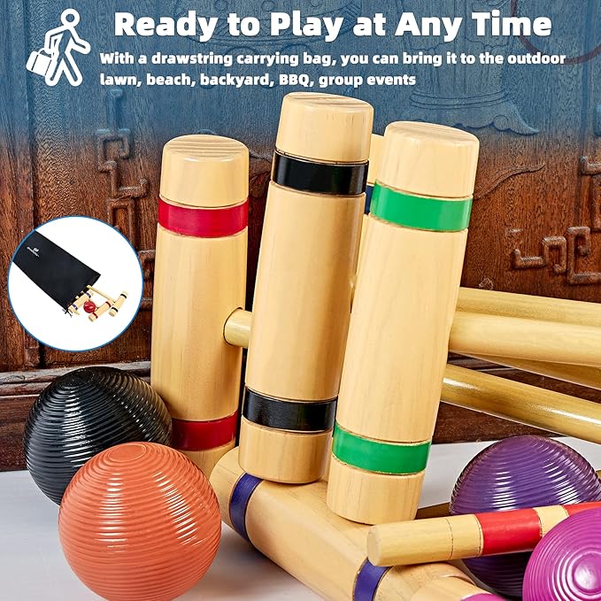 28In Croquet Party Set for 8 Players - Made of Long-Lasting Pine Wood, Family Fun for Backyards