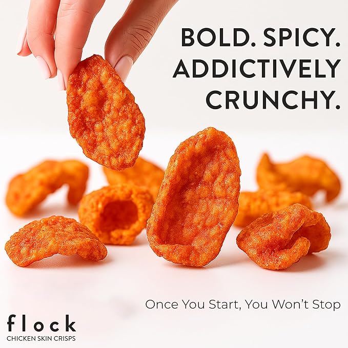 Flock Keto Chicken Skin Chips – Tapatio Flavor, Low Carb, High Protein, Gluten-Free Chicken Crisps