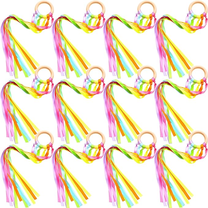 12 Pcs Rainbow Ribbon Wooden Waldorf Toys Creative Waldorf Hand Kite Set Streamers with Wood Ring