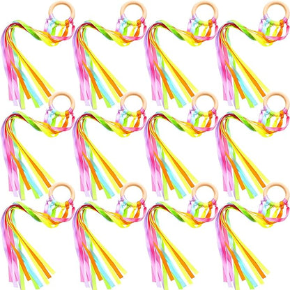 12 Pcs Rainbow Ribbon Wooden Waldorf Toys Creative Waldorf Hand Kite Set Streamers with Wood Ring