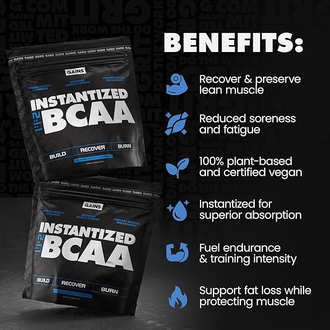 Gains in Bulk BCAA Powder, Pre Workout Plant Based Branch Chain Amino Acids, Gluten Free, Vegan