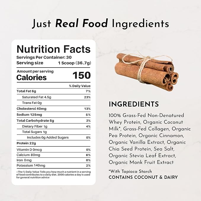 JUST INGREDIENTS Snickerdoodle Protein Powder ??30-Serving Blend with 100% Grass-Fed Whey & Organic