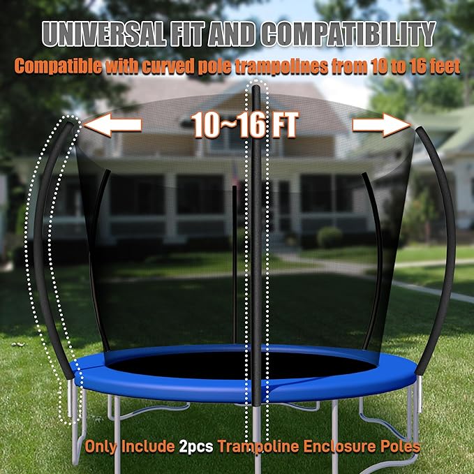 2PCS Trampoline Curved Poles, Universal Trampoline Replacement Enclosure Poles to Fit 8-16FT Curved