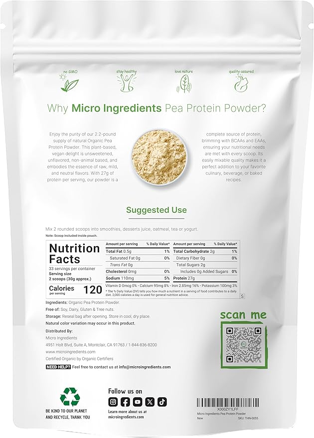 Micro Ingredients North America Grown, Organic Pea Protein Powder, 1KG (2.2 Pounds) | Plant-Based