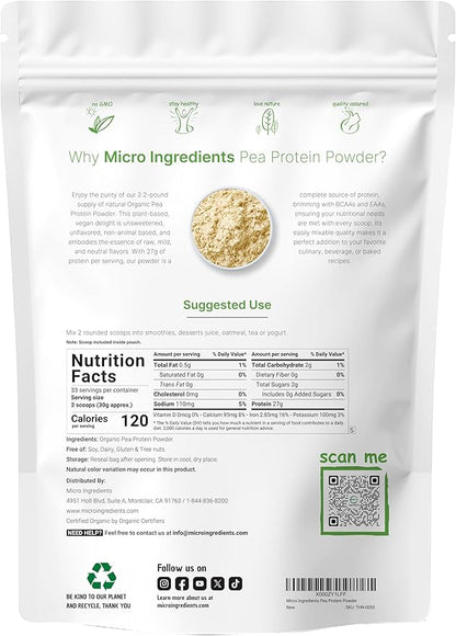 Micro Ingredients North America Grown, Organic Pea Protein Powder, 1KG (2.2 Pounds) | Plant-Based