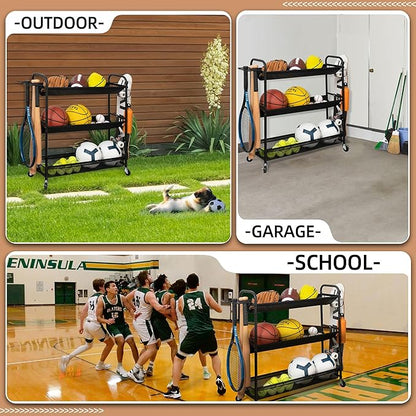 STORAGE MANIAC Basketball Rack 3-Shelf Training Stand Ball Holder Sports Ball Cart Garage Organizer