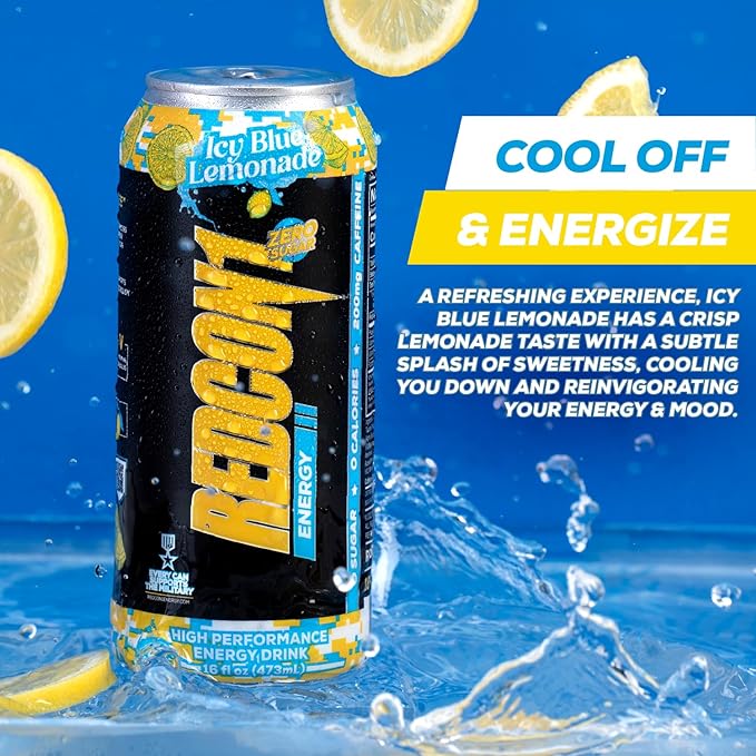 REDCON1 Energy High Performance Drink, Icy Blue Lemonade - Zero Sugar Energy Drink with Alpha GPC