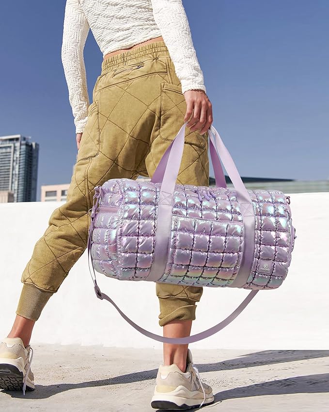 Quilted Duffel Bag for Women, Puffer Gym Duffle Bag with Shoe Compartment Lightweight Large