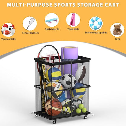 HEOMU Ball Storage Bin Rolling Garage Ball Storage Cart with Lockable Wheels, Metal Frame Mesh