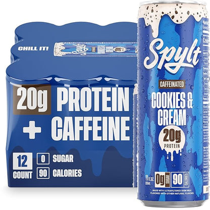 Spylt High Protein Cookies & Cream Milk with 60mg Caffeine & 20g Protein - 90 Calories, Ready to