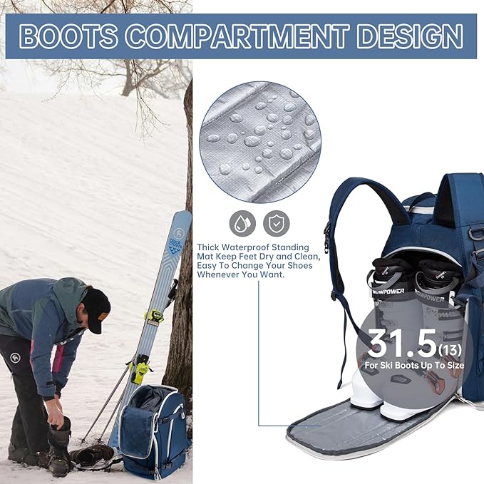 Ski Boot Bag, 50L Ski Boot Travel Backpack for Skis, Snowboard & Accessories, Waterproof Padded Ski