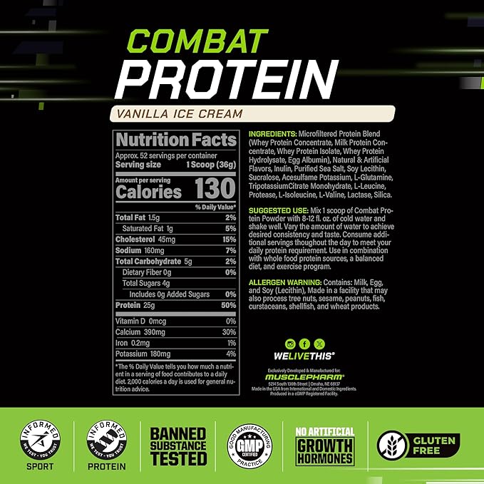 MusclePharm Combat Protein Powder, Vanilla Flavor, Fuels Muscles for Productive Workouts, 5 Protein