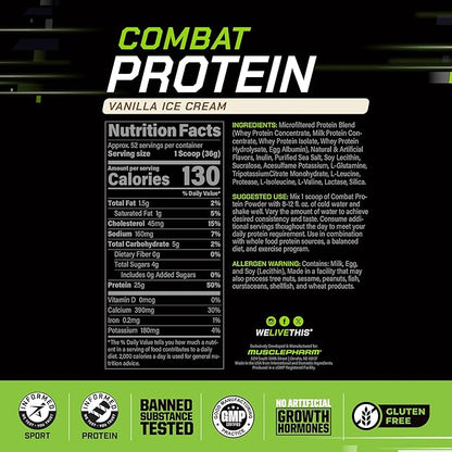 MusclePharm Combat Protein Powder, Vanilla Flavor, Fuels Muscles for Productive Workouts, 5 Protein