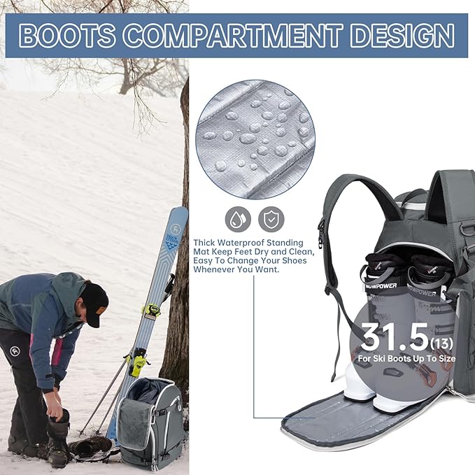 Ski Boot Bag, 50L Ski Boot Travel Backpack for Skis, Snowboard & Accessories, Waterproof Padded Ski