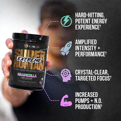 ALPHA LION Superhuman Extreme High Stim Pre Workout Powder, Beta Alanine, L-Taurine & 356mg