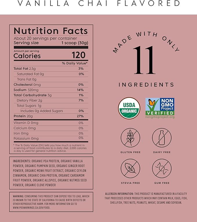 Truvani Vegan Pea Protein Powder | Vanilla Chai | 20g Organic Plant Based Protein | 20 Servings |