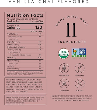 Truvani Vegan Pea Protein Powder | Vanilla Chai | 20g Organic Plant Based Protein | 20 Servings |
