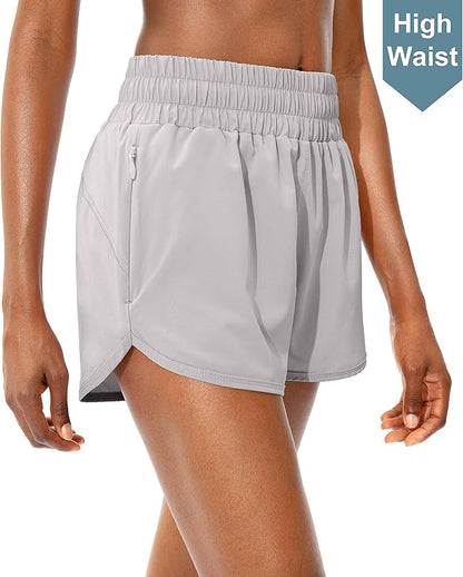 SANTINY Women's Running Shorts with Zip Pockets High Waisted Athletic Workout Gym Shorts for Women