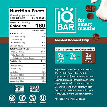 IQBAR Brain and Body Plant Protein Bars - Toasted Coconut Chip - 36-Count Low Carb - Gluten Free