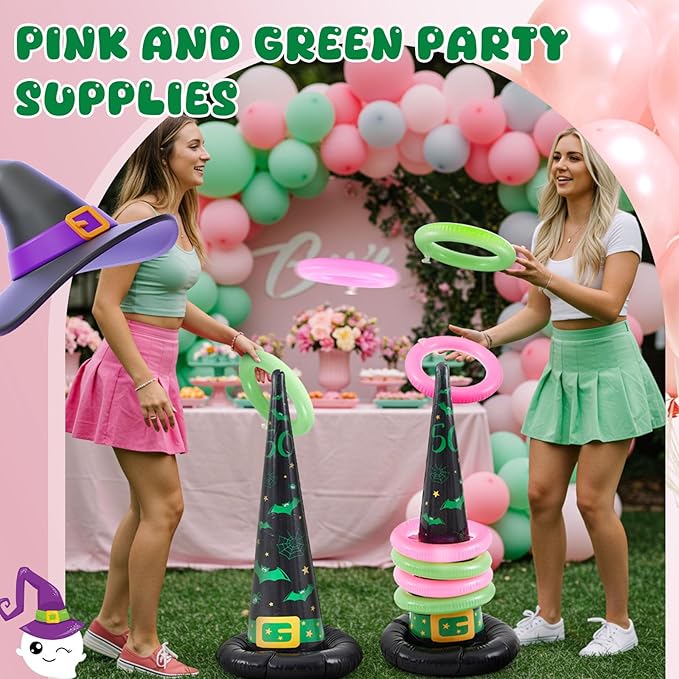 Leitee 10 Pcs Halloween Inflatable Witch Hat Ring Toss Game Set Carnival Pink and Green Inflatable