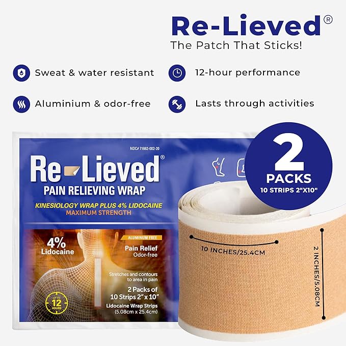 4% Lidocaine Maximum Strength Pain Relief Kinesiology Tape - Relieves Back, Joints and Muscle Pains