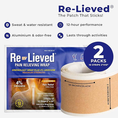 4% Lidocaine Maximum Strength Pain Relief Kinesiology Tape - Relieves Back, Joints and Muscle Pains