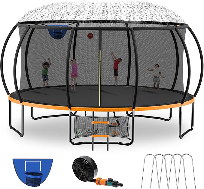 14FT & 16FT Trampoline for Kids & Adults, Big Round Trampoline with Basketball Hoop, Sprinkler &