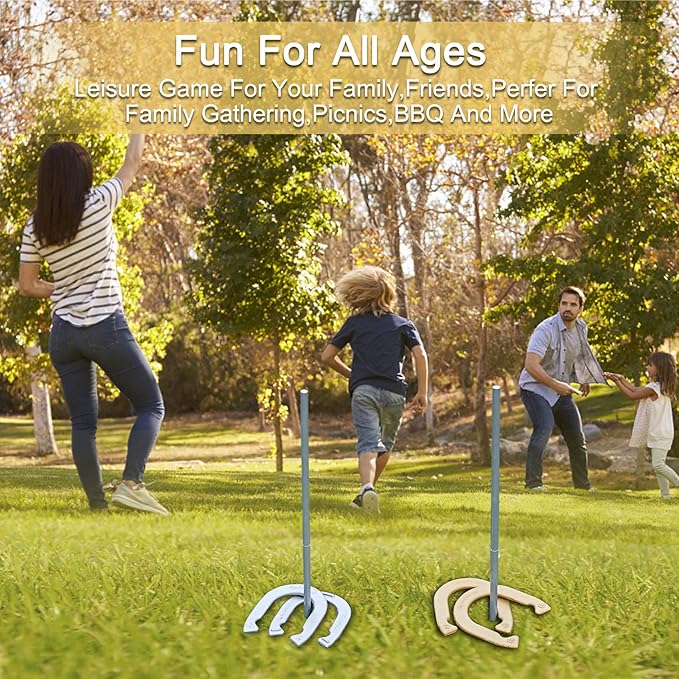 Horseshoes Set, Lawn Horseshoe Outside Game Kit for Teens Adults Families - Includes 4 Horse Shoes