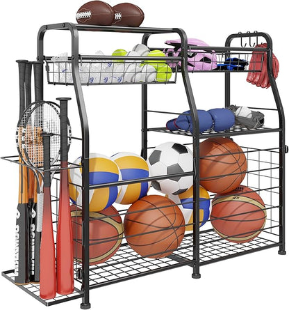 Garage Sports Equipment Organizer - Ball Storage Rack with Elastic Rope or Wire Mesh,Garage