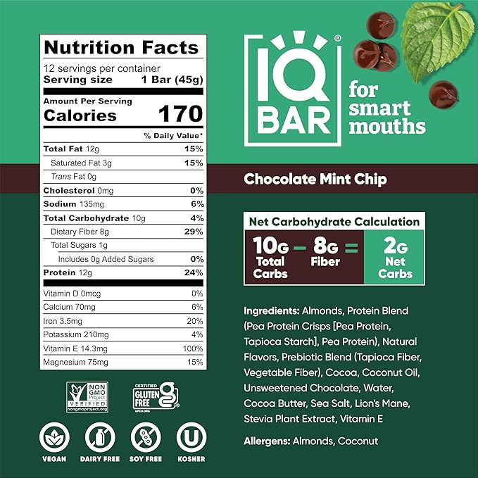 IQBAR Brain and Body Plant Protein Bars - Chocolate Mint Chip - 12-Count Low Carb - Gluten Free
